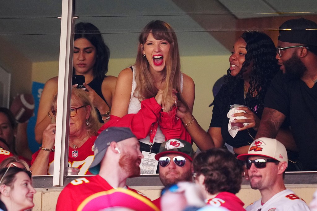 Taylor Swift cheering at a Kansas City Chiefs game at Arrowhead Stadium in Missouri.