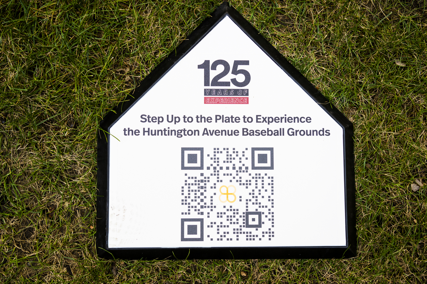 Baseball plate with QR code on it that reads "Step up to the Plate to Experience the Huntington Avenue Baseball Grounds"