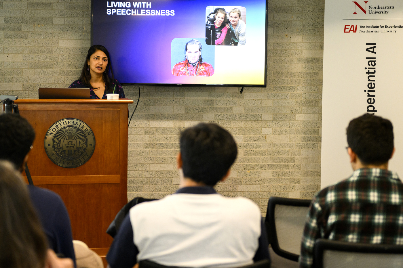 Northeastern researcher Rupal Patel presents a presentation on AI speech synthesis.