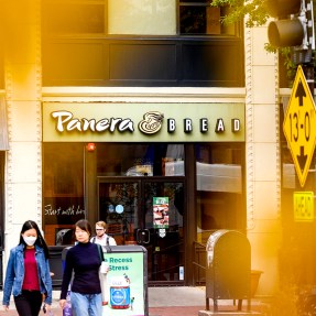 Exterior of a Panera Bread building on Northeastern's Boston campus.