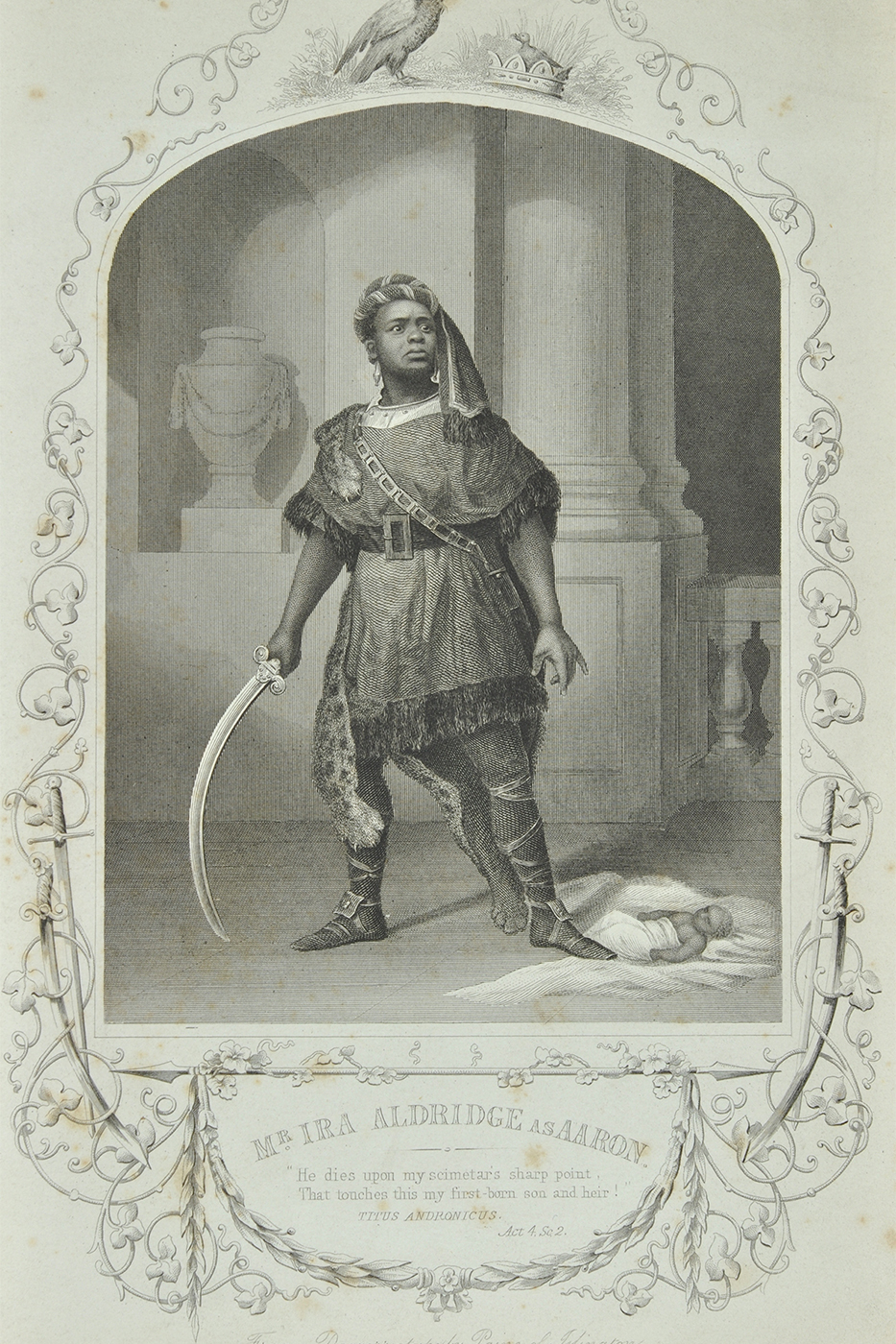 An illustrated portrait of Ira Aldridge in a palace, wearing a turban, toga, and cheetah skin.