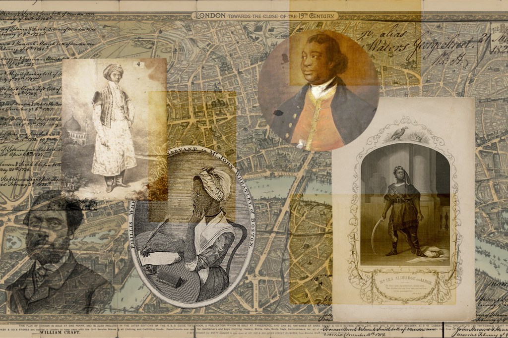 A collage of five Black Londoners displaced over an old map of London.
