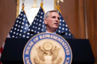Kevin McCarthy speaking to reporters at the US Capitol.