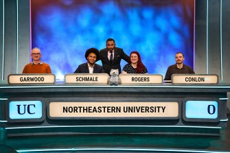 Screen capture of four students on the University Challenge game show.