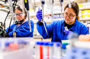 Two students dressed in protective gear, including gloves, use test tubes in a lab.