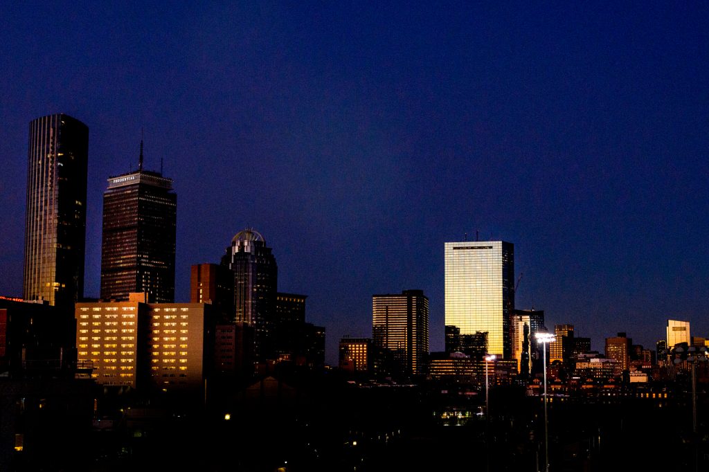 Office buildings in Boston's skyline at night