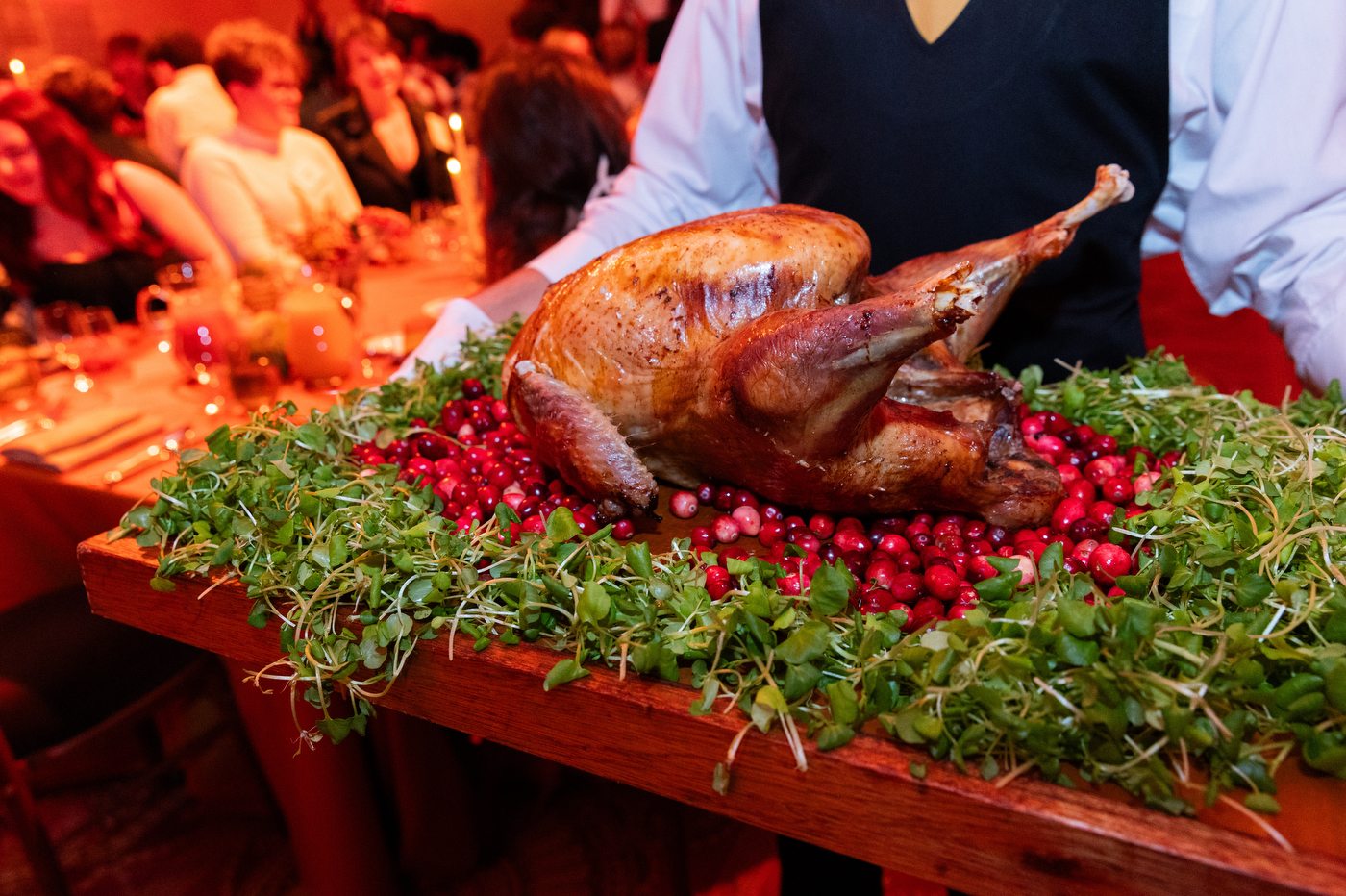 A giant turkey is displayed on a cutting board, surrounded by cranberries and garnish.