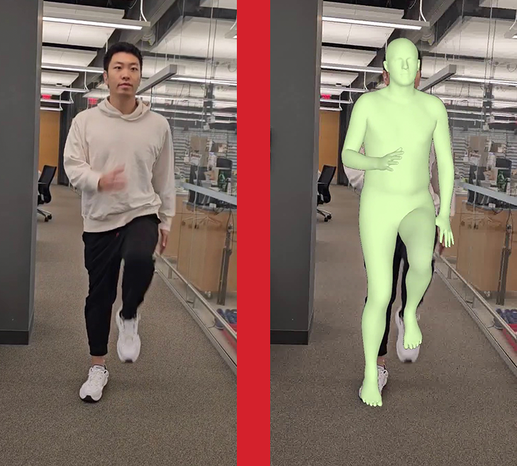 In the left image, a man jogs in place. In the right image, a virtual three-dimensional mesh has been overlaid onto the first image.