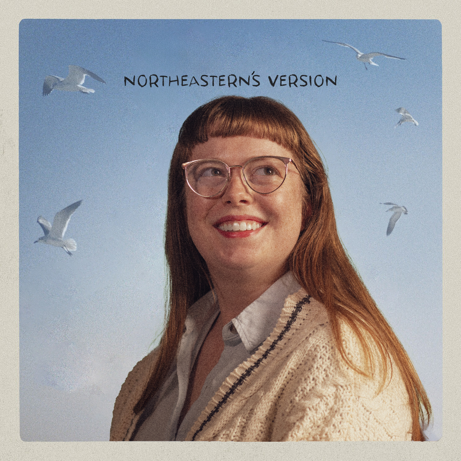 Headshot of a Northeastern professor on the background of Taylor Swift's 1989 album cover. 