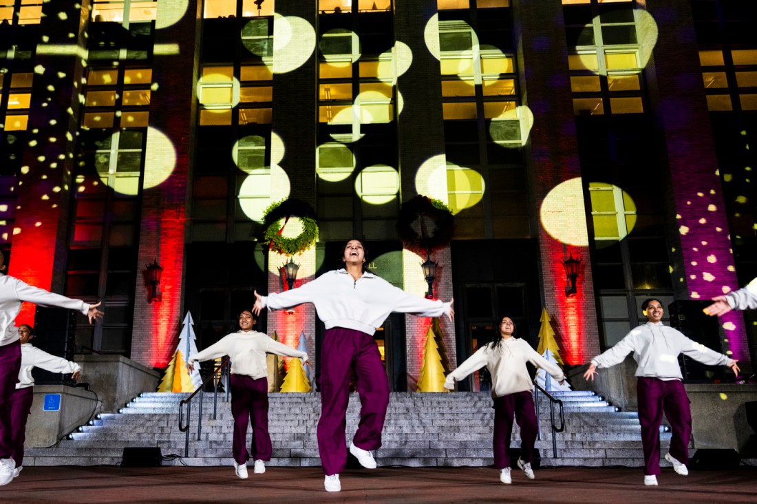 Dancers perform outside at Northeastern's Joy and Light Holiday Showcase.