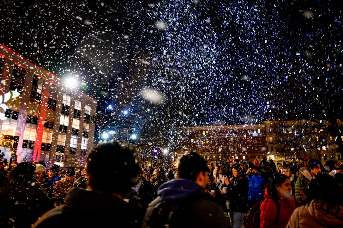 Fake snow falls over a large crowd.