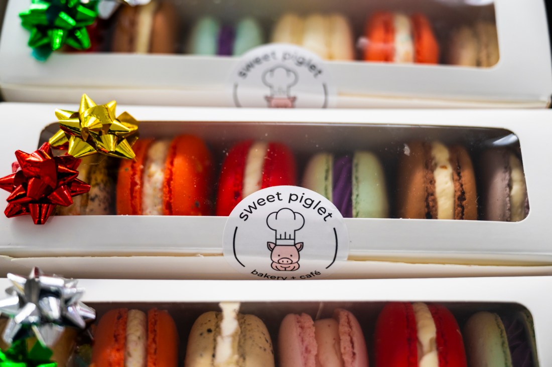 A box of macarons from Sweet Piglet bakery.