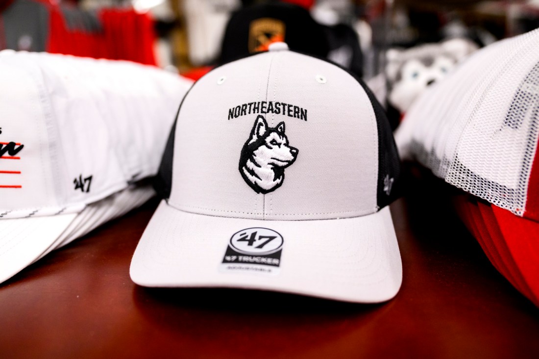 A white Northeastern baseball cap with the husky on the front.