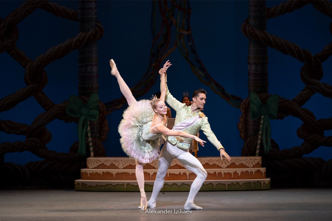 Dawn Atkins and another ballet dancer performing in The Nutcracker. 