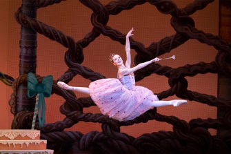 Dawn Atkins performing ballet on stage.