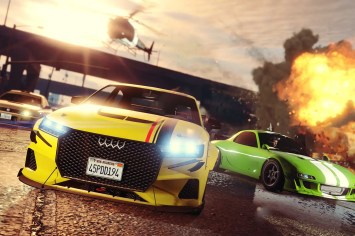 Screen capture from GTA 6 showing a yellow Audi and a Green sporta car with explosions in the background.