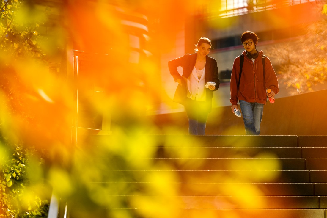 Two Northeastern community members descending the steps from the bridge between ISEC and EXP, partly covered by blurry fall foliage. 