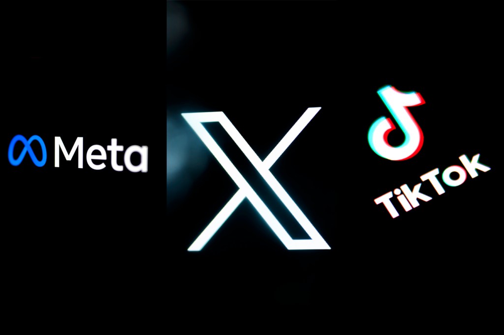 Meta, TikTok, and 'X' social media logos are displayed over a black background.
