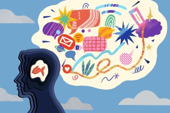 An illustration of a person with an outlined goldfish inside their head and a thought bubble in the clouds above the person's head containing various multi-colored items.
