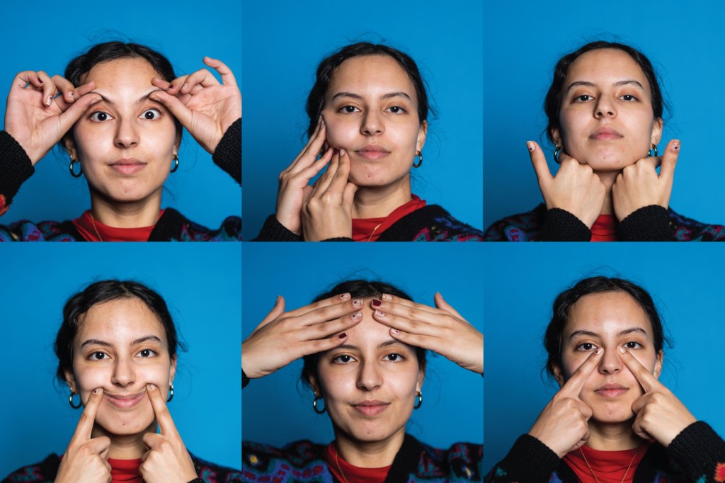 Collage of six photos of a person doing various face yoga poses.