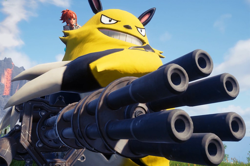 A screen capture of a creature from Palworld on top of a large gun.