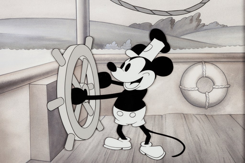 Screen capture of Steamboat Willie Mickey Mouse.