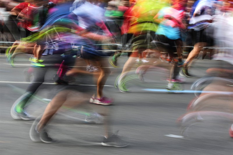 Time lapse photo of runners in the New York Marathon.