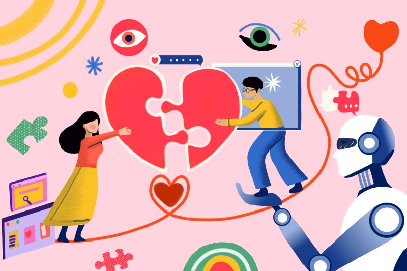Illustration of two people putting a heart shaped puzzle piece together.