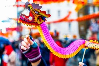 Person holding a Chinese dragon to celebrate the Lunar New Year.
