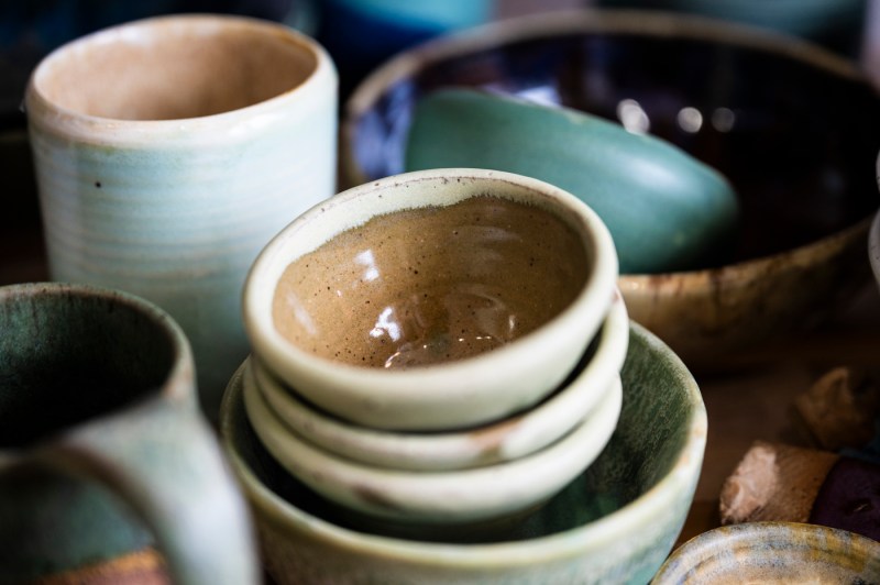 Stacks of glazed pottery.
