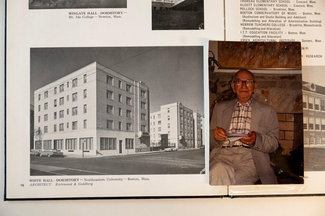 A black and white photo of White Hall Dormitory next to a photo of Julius Abrams.
