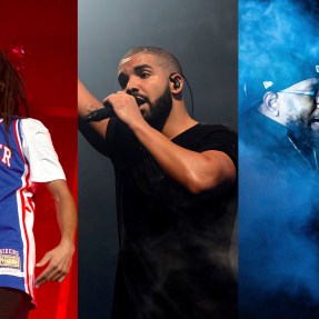 Collage photo of Kendrick Lamar, Drake, and J Cole all performing at their concerts.