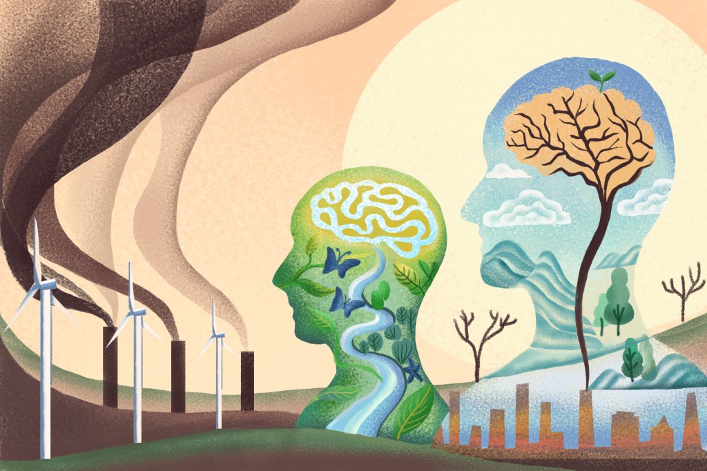 Illustration of two human heads with trees growing inside of them next to pipes emitting gases into the air.