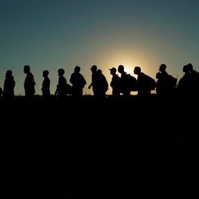 Silhouette of migrants lined up for processing in Texas.