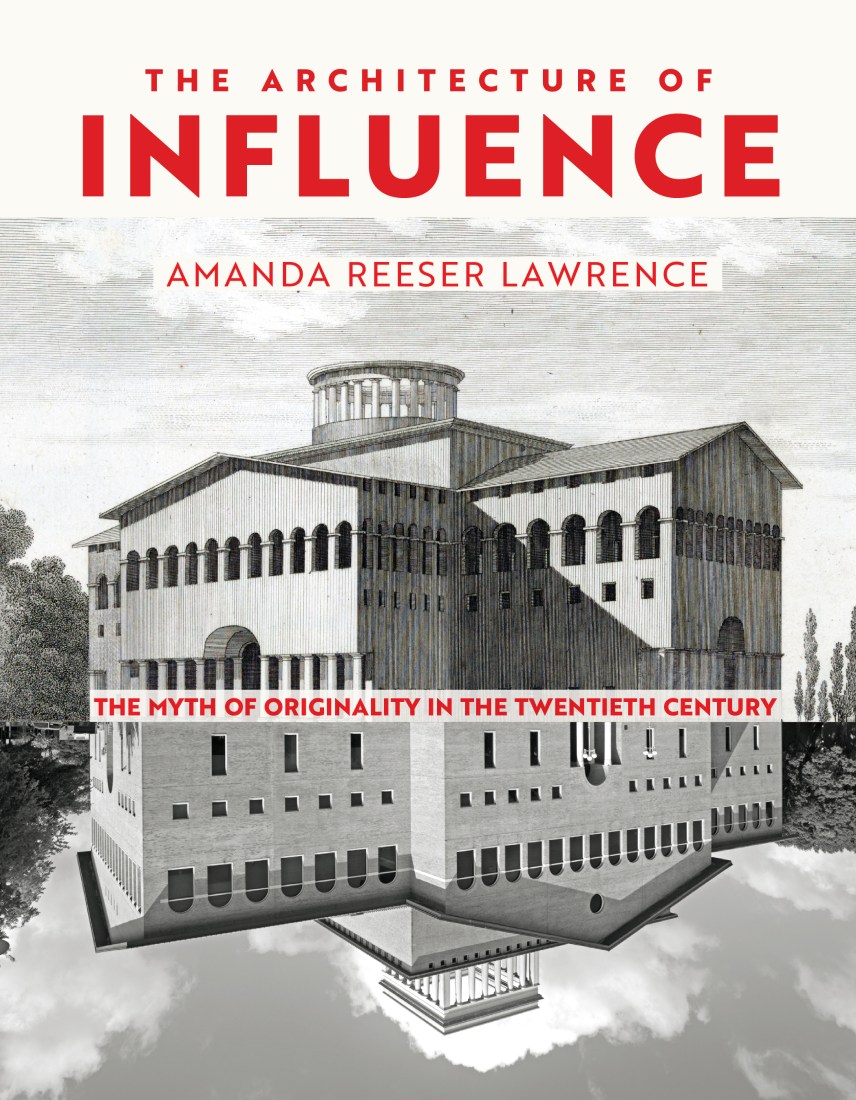 Red text on a black-and-white cover for "The Architecture of Influence," with an architectural drawing.