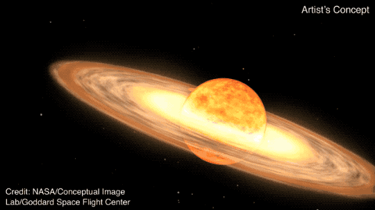 A red giant star and white dwarf orbitting each other in an animation of a nova. 