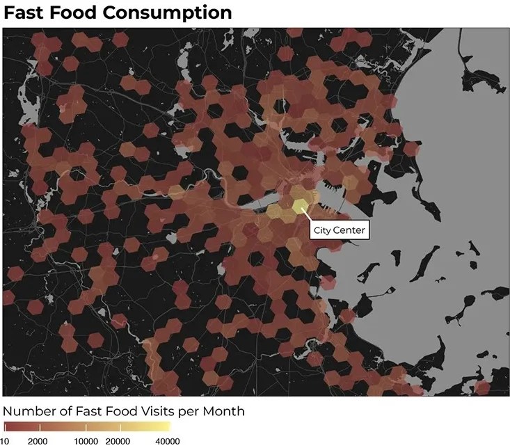Fast Food Consumption - data visualization depicting a map of the greater Boston area with areas highlighted to indicate number of fast food visits per month. High levels of fast food visits are concentrated near the city center.