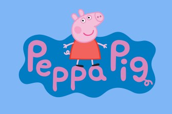 Peppa Pig logo featuring a cartoon drawing of a pink pig over top of the words 'Peppa Pig' in a pink, comic sans type font.