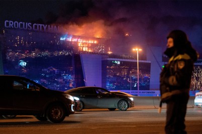 The Crocus City Hall burning in Moscow after a terrorist attack.