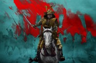 Shogun series banner showing a Japanese person riding a horse on a teal and red background.
