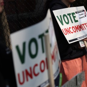 People holding 'Vote Uncommitted' signs outside of a polling location in Michigan.