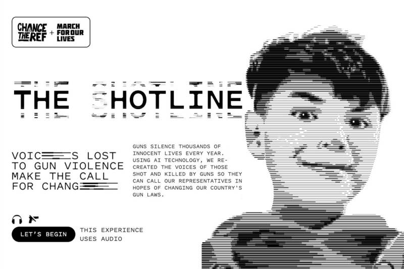 Graphic from theshotline.org depicting a young boy next to the text "GUNS SILENCE THOUSANDS OF INNOCENT LIVES EVERY YEAR. USING AI TECHNOLOGY, WE RE-CREATED THE VOICES OF THOSE SHOT AND KILLED BY GUNS SO THEY CAN CALL OUR REPRESENTATIVES IN HOPES OF CHANGING OUR COUNTRY'S GUN LAWS."