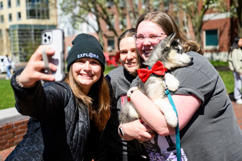 Three people pose for a selfie while holding a husky puppy during final exam week.