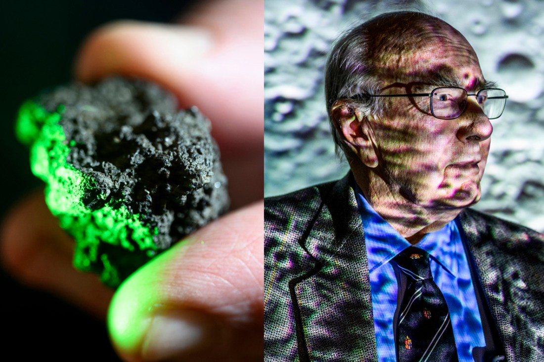 Robert Lowndes holding a moonrock (left) and headshot of Robert Lowndes (right).