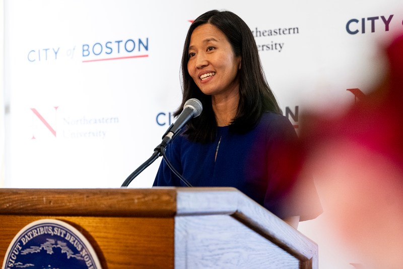Mayor Michelle Wu speaks at the Moakley Scholarship reception.