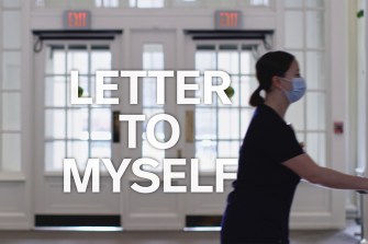 A photo of a nurse seen from the side, with the text "A letter to myself" on top of it.