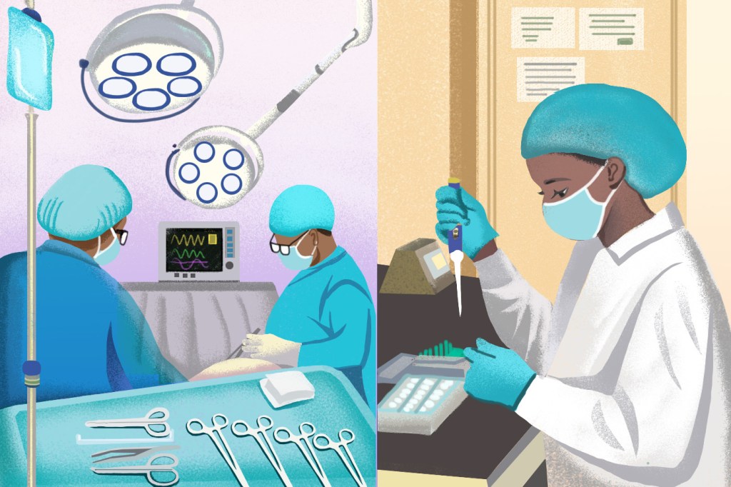 Illustration of a student working in a hospital maternity ward (left) conducting malaria research in the laboratory (right).