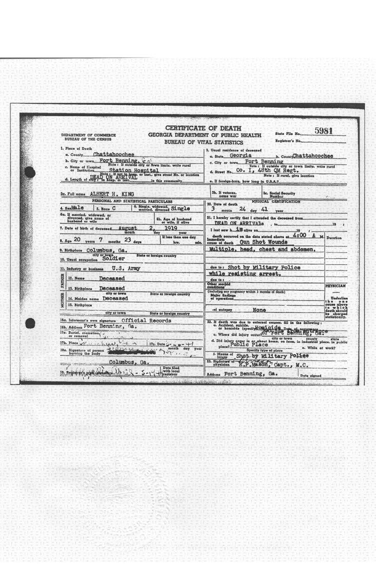 A scan of Albert H. King's original death certificate. 