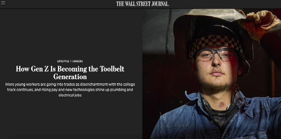 A screenshot of a Wall Street Journal story header for a Lifestyle/Careers article with the title 'How Gen Z is Becoming the Toolbelt Generation'. There is a featured image showing a person wearing a welding protection helmet and glasses.