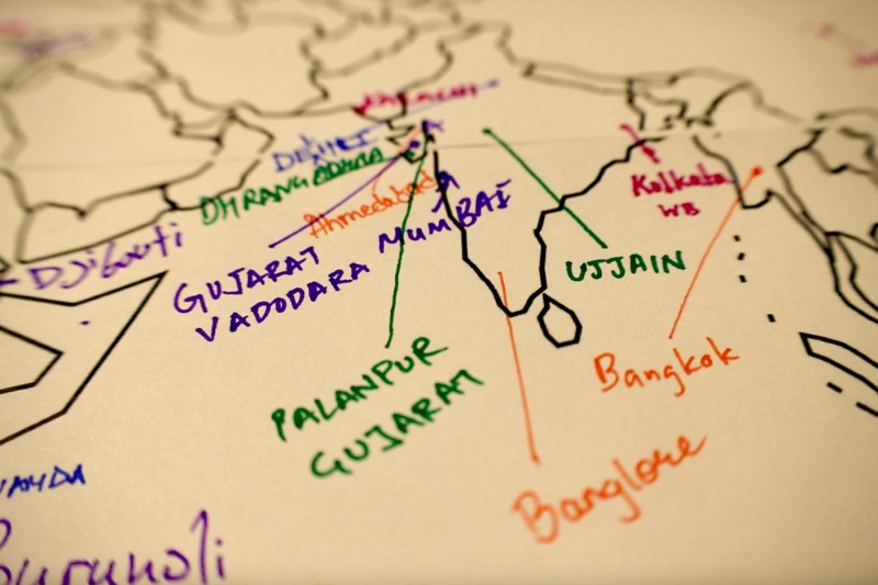 A map of India with locations marked in colorful pen.